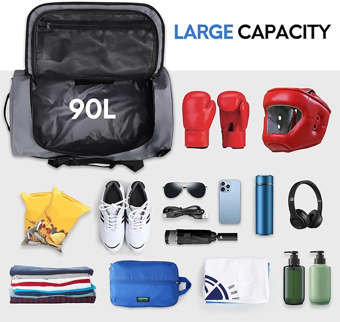 Haimont Gym Duffel Backpack Bag for Men Large Sports Duffle Bags with Backpack Straps for Hiking Travel Weekender Workout, Water Resistant, Gray, 90L