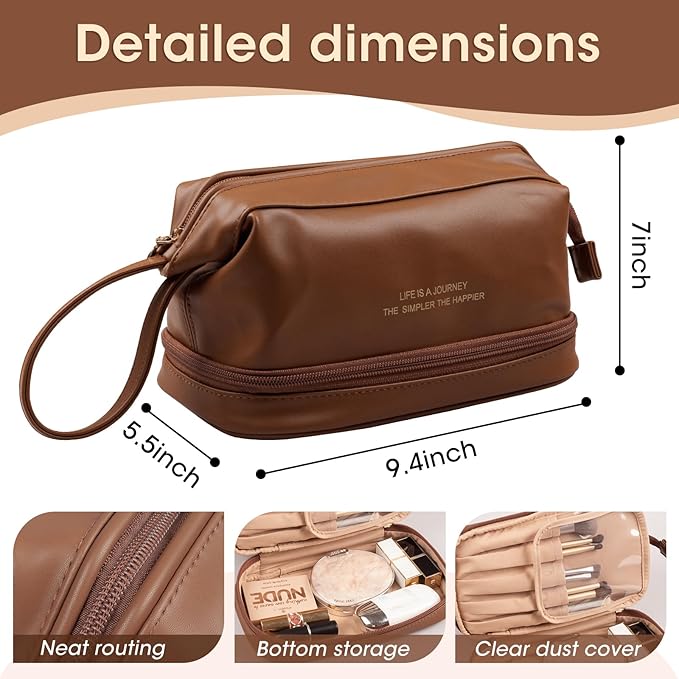 Abiudeng Large Capacity Makeup Bag Ladies Cosmetic Bag Travel Bag with Compartments Portable PU Leather Travel Makeup Bag with Handle