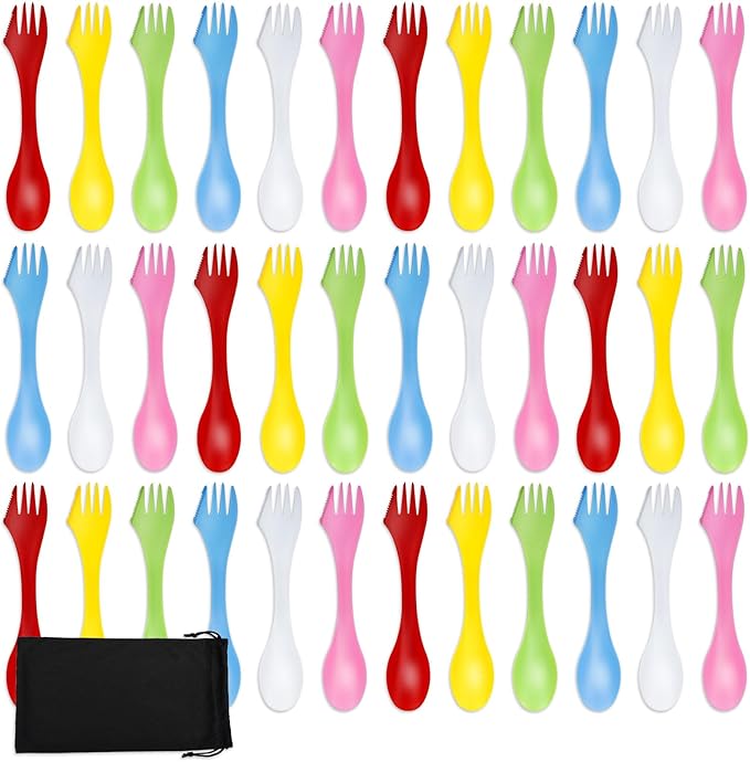 36 Pack Sporks - Spoon, Durable & BPA Free Tritan Sporks, Spoon Fork & Knife Combo Utensils with Portable Strong Waterproof Bag and Stainless Multifunctional Bottle Opener for Camping Outdoor, 6 Color