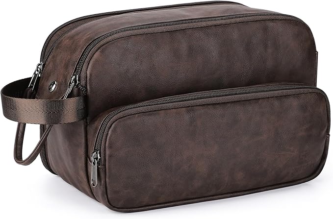 Toiletry Bag for Men, Travel Toiletry Bag Travel Essentials, Dopp Kit Water-resistant Shaving Bag, Bathroom Bag Toiletries Organizer, Dark Brown(PU Leather)