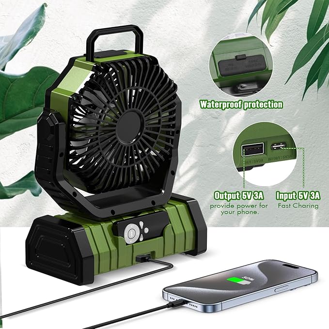 20000mAh Portable Camping Fan with LED Light, Rechargeable Battery Powered Oscillating Fan with Remote & Hook,Timer, 65HRS Running, 4-Speed for Travel, Tent, Room, Car, Picnic, Fishing (Green)