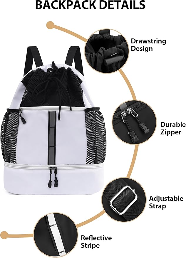 U.helper Waterproof Gym Drawstring Backpack, Sports Sack with Shoes Compartment & Wet Pockets for Ball/Beach/Swim Training (White)