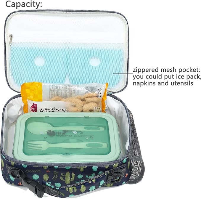 FlowFly Kids Lunch Bag, Durable Insulated School Lunch Box with Shoulder Strap and Bottle Holder, Water-resistant Thermal Small Lunch Cooler Tote for Teen Boys & Girls, Cactus