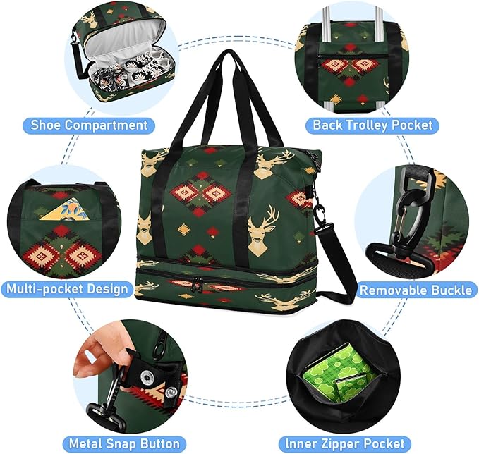 Green Deers Seamless Travel Duffel Bag Waterproof Gym Sport Tote Bag Carry On Weekender Bag with Compartment