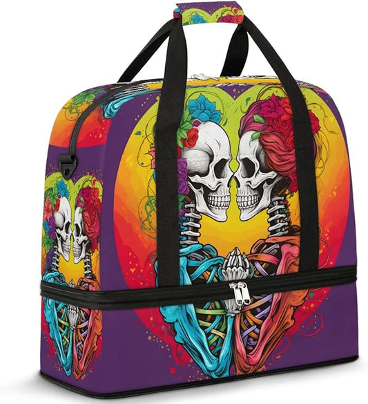 cfpolar Woman Travel Duffel Bag Heart Skull Foldable Tote Carry On Luggage Sports Gym Bag With Shoe Compartment Overnight Weekend Yoga Workout Bag Training Handbag