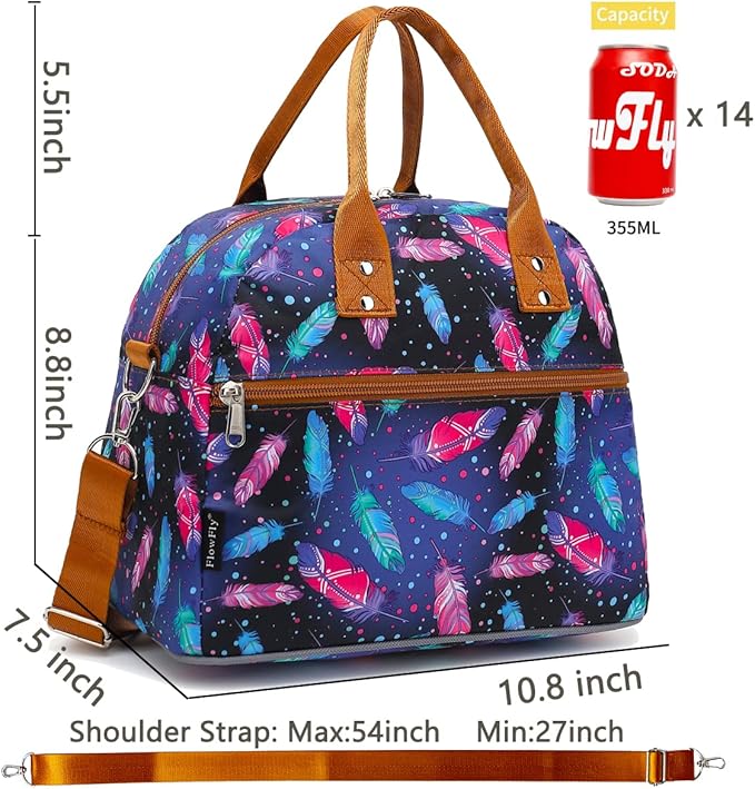 FlowFly Insulated Lunch Bag With Shoulder Strap for Women, Men, and Kids, Large and Reusable, Handle, Freezable Work and School Travel Tote and Meal Prep Organizer,Feather
