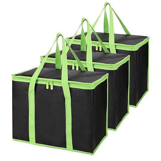 Bodaon 3-Pack Insulated Pizza Delivery Bags, X-Large Reusable Grocery Shopping Bags, Black with Green Edge