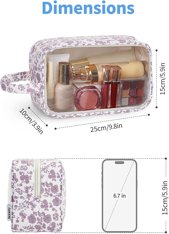 Narwey Clear Makeup Bag Cosmetic Bag with Zipper for Travel, Clear Toiletry Bags for Traveling Toiletries Women Men, Make Up Pouch with Handle, Skincare Bag (Little Dusty Pink Flower)