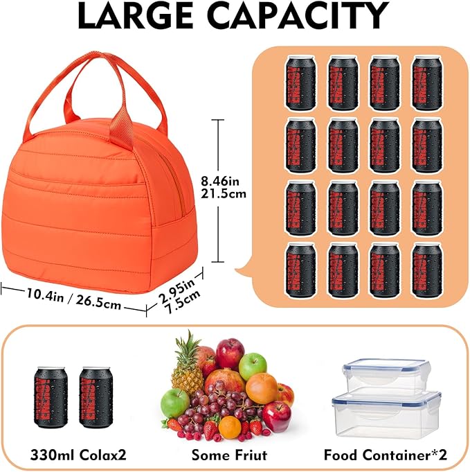 Lunch Bag Lunch Box for Women Men Adult Insulated Cute Small Quilted Puffer Lunchbox Reusable Thermal Lunch Cooler Tote Bag for Work, Picnic or Travel-Orange