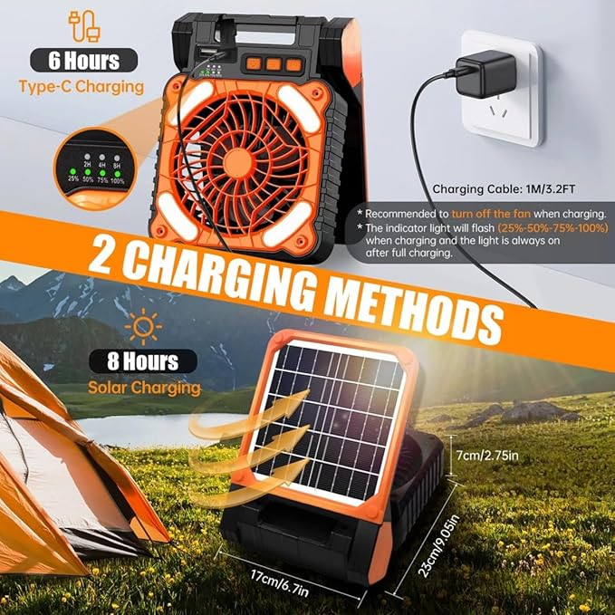 Solar Powered Fan for Camping ，Camping Fan with Light - 10400mAh Rechargeable Battery Fan Ventilator for Tents Home & Outdoor Activities