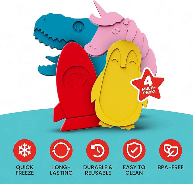 Multicolored Slim Ice Packs for Kids - 4-Pack, Long-Lasting - Reusable for Lunch Boxes, Bags & Coolers - Penguin, Spaceship, Dinosaur, Unicorn