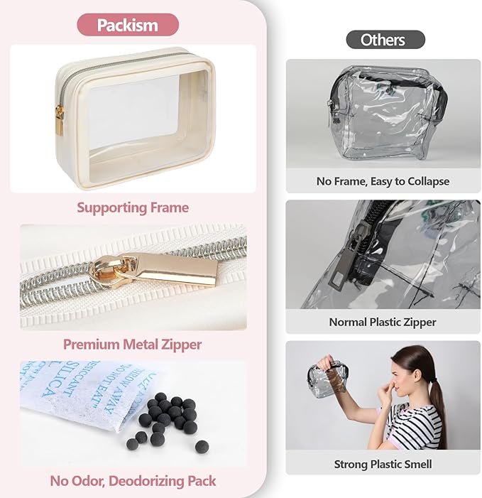 PACKISM TSA Approved Toiletry Bag - Upgrade Color-Edged Clear Makeup Bag, Unique Appearance, 2 Pack Clear Travel Bags Hold Lots of Items Also Great for Organizing Car Console, Beige (2 Sizes)