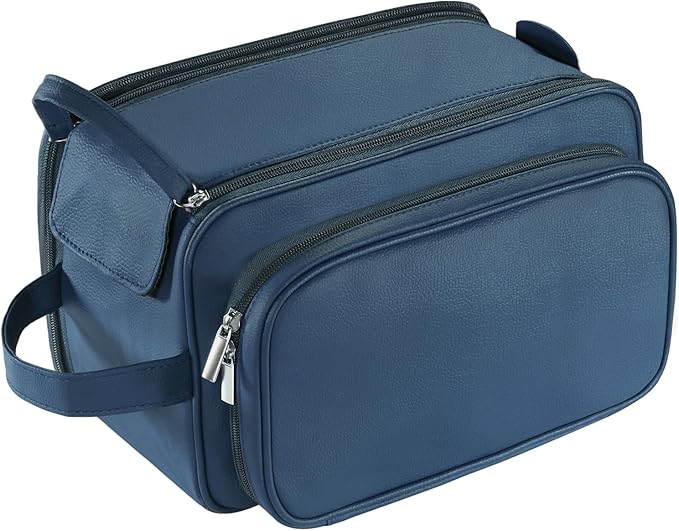Buruis Extra Large Toiletry Bag for Men, Travel Toiletry Organizer Dopp Kit Water-resistant Shaving Bags, PU Leather Cosmetic Bathroom Shower Bag for Toiletries, Grooming, Accessories (Blue)