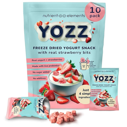 Yozz Probiotic Freeze Dried Yogurt Snack with Real Strawberries - No Sugar Added - 1 Billion CFU per Serving - 10 Individual Packs - For Adults, Babies, and Toddlers - Tastes Wow