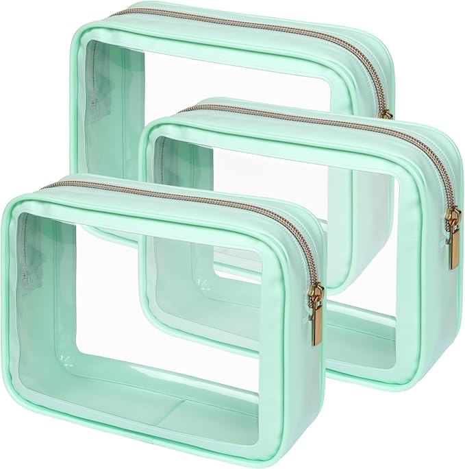 PACKISM TSA Approved Toiletry Bag - Amazing Color-Edged Clear Makeup Bag, 3 Pack in Spacious Space, Reusable Clear Toiletry Bags with Great Value, Green