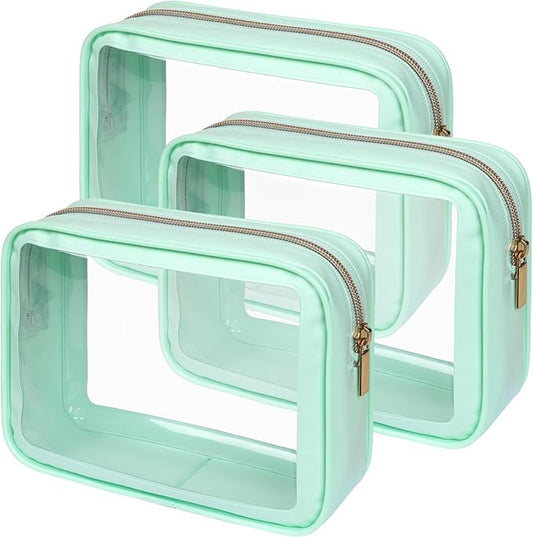 PACKISM TSA Approved Toiletry Bag - Amazing Color-Edged Clear Makeup Bag, 3 Pack in Spacious Space, Reusable Clear Toiletry Bags with Great Value, Green