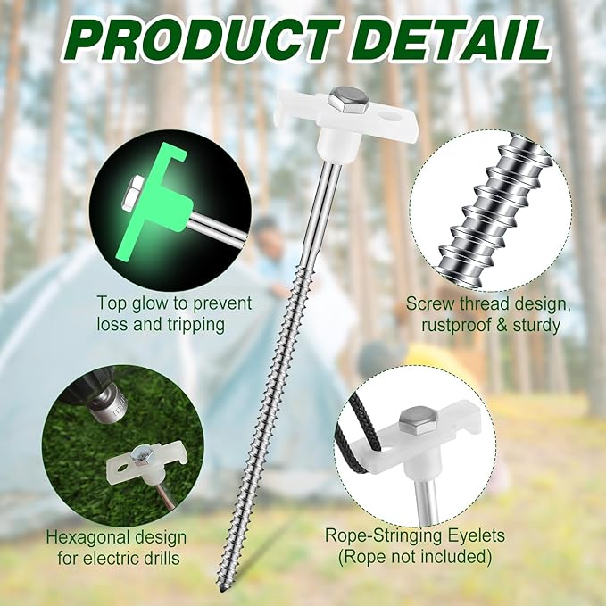 Tandefio 40 Pcs 8 Inch Screw in Tent Stakes Heavy Duty Drill in Ground Anchor Pegs Metal Stakes Screws Hex Pegs Drillable Camping Threaded Tent Spike with Hex Head Driver (Illuminant White)