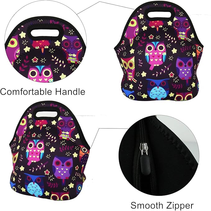 Violet Mist Neoprene Owl Lunch Bag Insulated Waterproof Lunch Bag Tote Cartoon Reusable Lunch Box Containers Food Carrying Lunch Handbags for Women men Work Thanksgiving Christmas Gift
