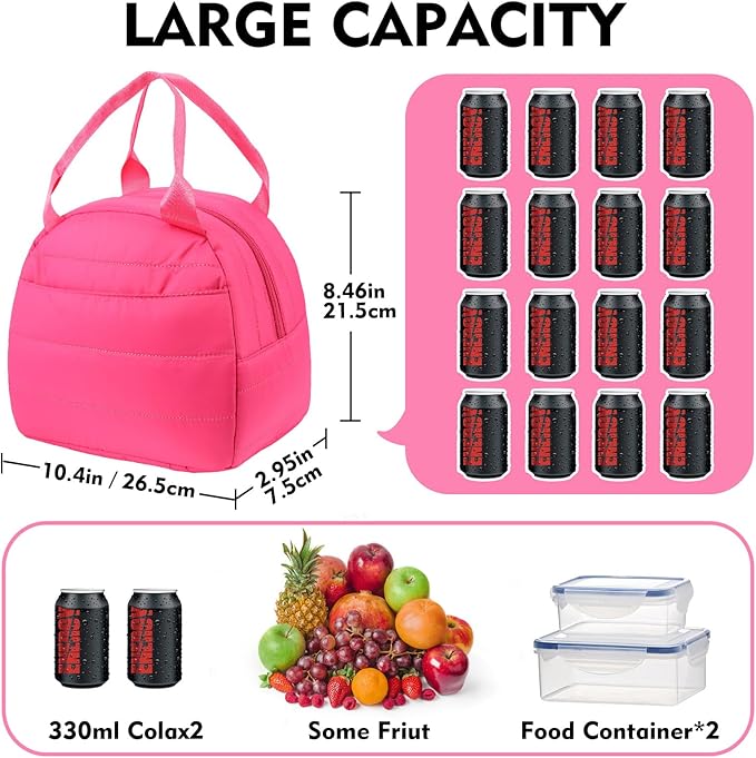 Lunch Bag Lunch Box for Women Men Adult Insulated Cute Small Quilted Puffer Lunchbox Reusable Thermal Lunch Cooler Tote Bag for Work, Picnic or Travel-Pink