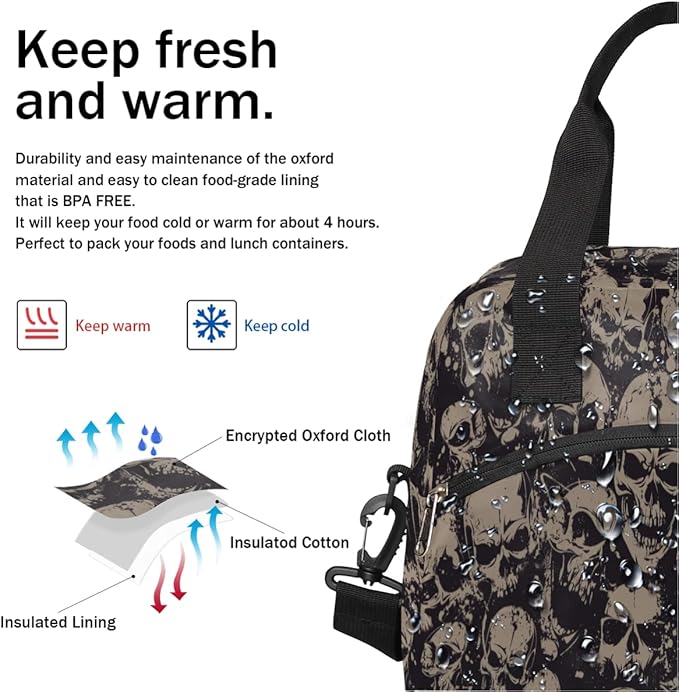 Vintage Skull Skeleton Insulated Lunch Bags for Women Men Adult Halloween Goth Reusable Lunch Tote Therma Cooler Bag with Shoulder Strap Lunch Box for School Work Office Picnic Meal Prep Bag