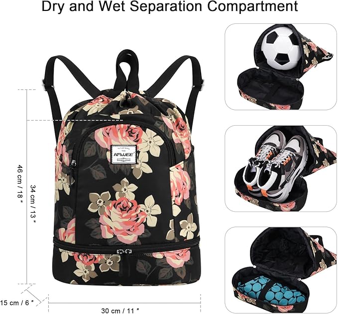 Dry Wet Drawstring Backpack with Shoe Compartment for Women Adjustable Gym Bag