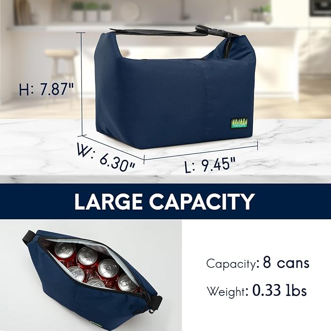 Haimont Small Insulated Lunch Bag, Reusable Thermal Cooler Lunchbox with Adjustable Buckle, Leakproof Practical Lunch Tote Women Men for Beach, Hiking, Business, Navy Blue