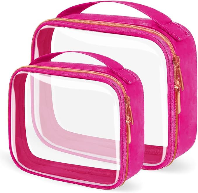 TSA Approved Travel Toiletry Bag,2 Pack Clear Makeup Bags with Handles,Quart Size Clear Cosmetic Bags for Traveling Women,Men,Carry on Airport Airline Compliant Bag,Rose Red