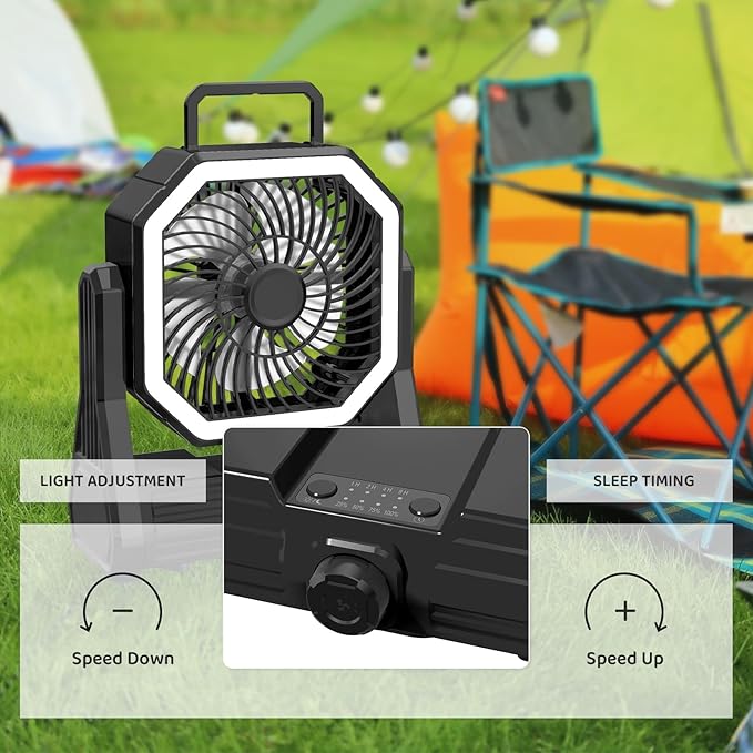 SmartTail Portable Camping Fan, 20000mAh Battery Powered Fan with LED & Hook, Stepless Speed & Timing Rechargeable Fan, Cordless Desk Fan for Camping, Tent, Fishing, Travel, Office-black