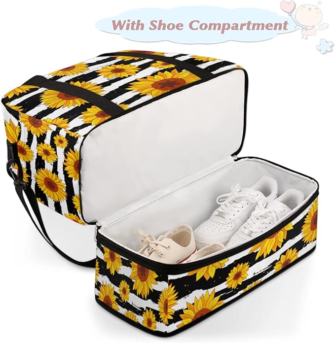 Sunflower Flower Stripe Foldable Travel Duffel Bag Sports Tote Gym Bag With Shoe Compartment For Woman Man Carry On Luggage Overnight Travel Weekend Yoga Workout Bag Training Handbag