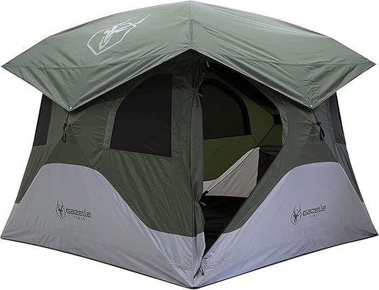 Gazelle Tents™ T4 Hub Tent, Easy 90 Second Set-Up, Waterproof, UV Resistant, Removable Floor, Ample Storage Options, 4-Person, Alpine Green, 94" x 94" x 78", GT400GR