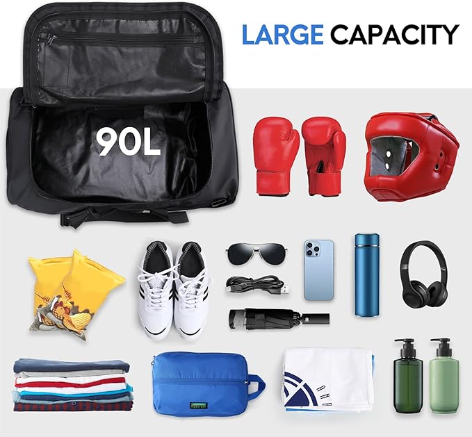 Haimont Gym Duffel Backpack Bag for Men Large Sports Duffle Bags with Backpack Straps for Hiking Travel Weekender Workout, Water Resistant, Black, 90L