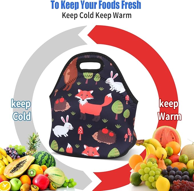 Violet Mist Neoprene Fox Lunch Bag Insulated Waterproof Lunch Bag Tote Cartoon Reusable Lunch Box Containers Food Carrying Lunch Handbag for men Women Work Thanksgiving Christmas Gifts