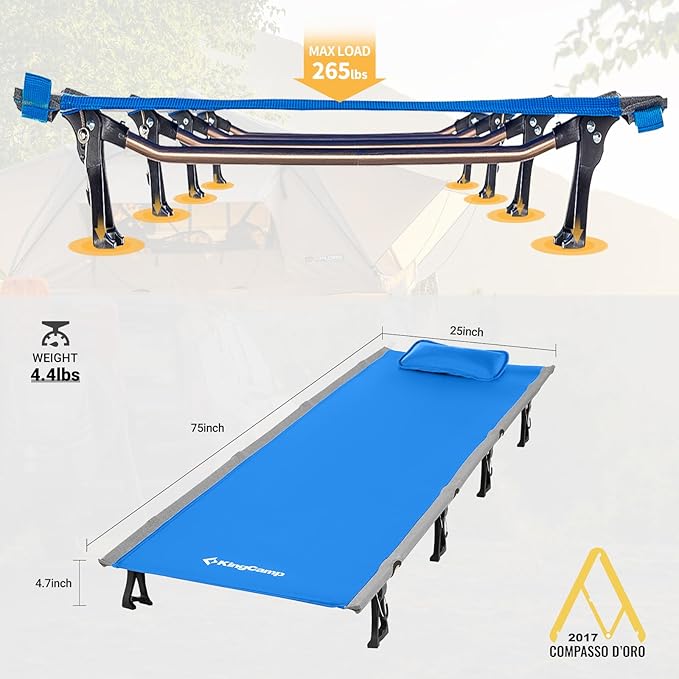 KingCamp Camping Cot, Folding Portable Heavy Duty Ultralight Cots for Adults Camping Tent Hiking Backpacking Mountaineering Travel Indoor Outdoor Indoor Base Camp with Pillow, Support 265 Lbs
