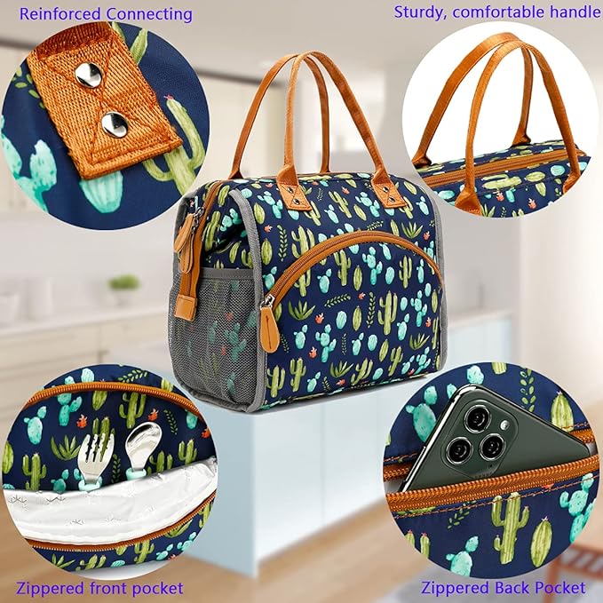FlowFly Insulated Lunch Bag for Women, Men, Large and Reusable, Handle, Work and Travel Tote and Meal Prep Organizer, Cactus