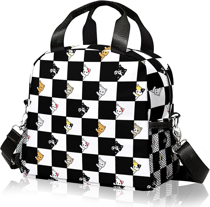 Lunch box Kids,Insulated Cat Lunch Bag Cute Small Checkered Lunch Totebag Reusable Leakproof Lunch Bag With Shoulder Strap for Girls Boys Women School Work Picnic