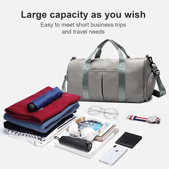 ZGWJ Sports Gym Bag with Wet Pocket & Shoes Compartment, Waterproof Shoulder Weekender Bag for Women and Men Swim Sports Travel Gym Bag Lightweight and easy Carry on Grey