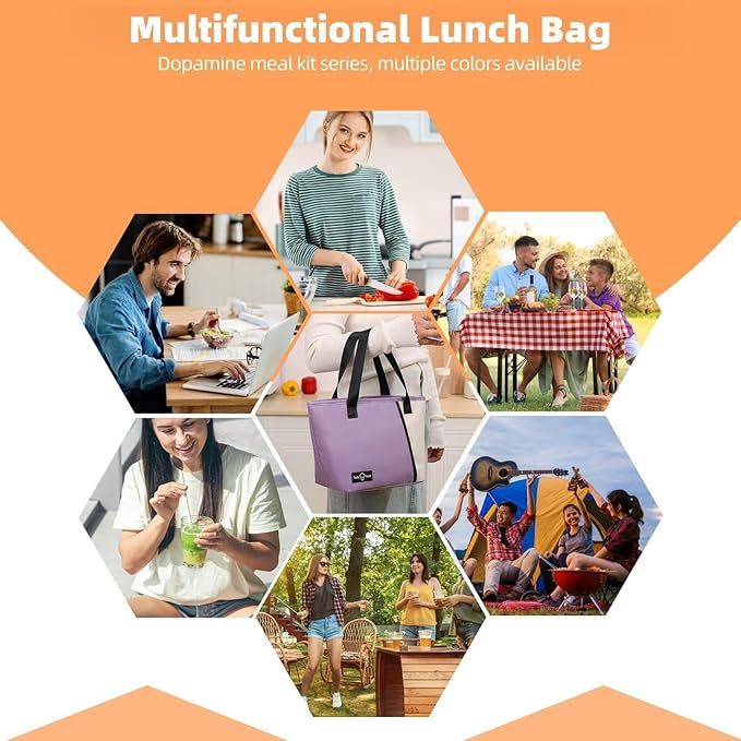 Lunch Bag for Women Men, Reusable Lunch Tote Lunch Box, Large Capacity Leakproof Lunch Tote Bags with Front Pocket for Work Office Picnic or Travel (Purple)