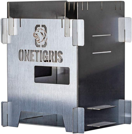 OneTigris ROCUBOID Camping Stove Foldable, Lightweight Portable Wood Burning Stove Stainless Steel with Pocket for Camping Hiking Backpacking Survival Outdoor Cooking Pinic BBQ