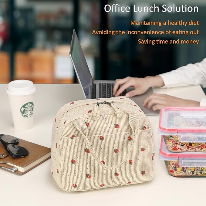 Lunch Bag, Beige Corduroy with Strawberry Pattern, Insulated Thermal Tote, Portable and Reusable Cooler for School or Work, 8.5L