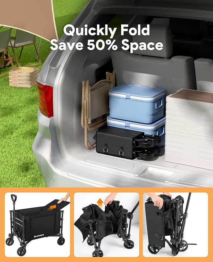 3 in 1 Collapsible Wagon Converts to Bench, 220lbs Foldable Wagon Cart with Wheels, 120L Shopping Cart for Groceries Folding Utility Wagon for Beach, Garden, Camping, Sport, Black