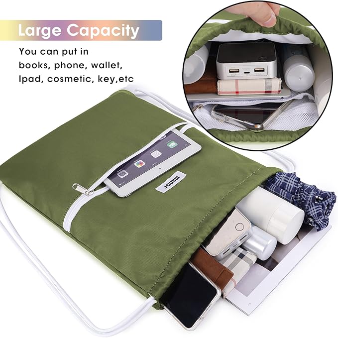 WANDF Drawstring Backpack String Bag Sackpack Cinch Water Resistant Nylon for Sport Yoga Gym Shopping (Dark Green)