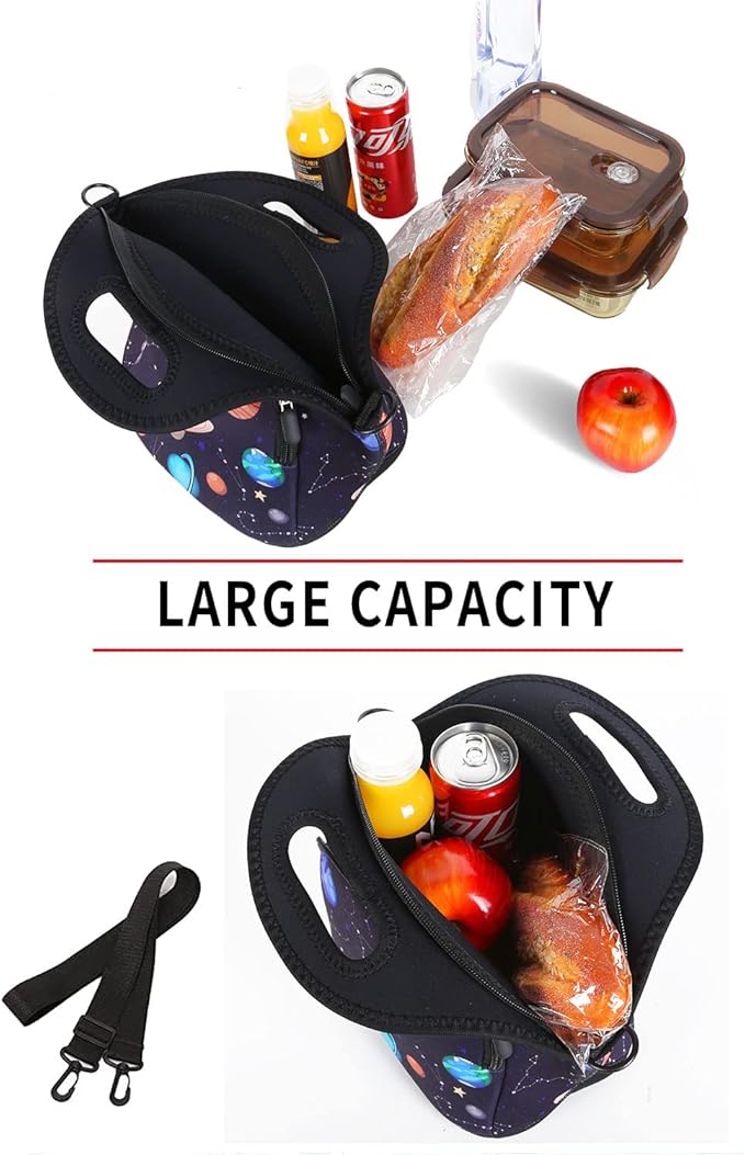 Violet Mist Womens Neoprene Lunch Bag Insulated Lunch Bag Tote Cute Large Thermal Lunchbags with Pocket Detachable Adjustable Shoulder Strap Lunchbox Food Handbags Gift Women Men Adult Space Planet