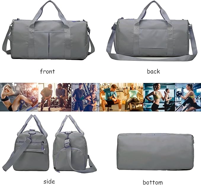 Gym Bag for Men Women with Separation for Wet and Dry, Shoe Storage, Waterproof Travel Duffle Bag for Gym, Swimming, Yoga, Sports (Grey)