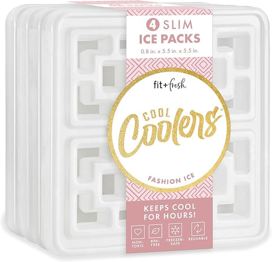 Cool Coolers Fashion Ice by Fit & Fresh, 4 Pack Large Slim Ice Packs, Unique Ice Pack Design for Womens Lunch Bag, Space Saving Reusable Ice Packs for Lunch Boxes, Cooler Ice Packs, Pearl White, 4PK