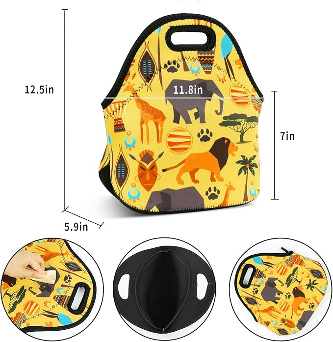Violet Mist Women's Cute Neoprene Lunch Bag, Animal Patterned, Reusable, Insulated, 11.42"L x 10.43"H x 5.51"W, Eco-Friendly, Lightweight, Keeps Food Warm or Cold for 2-42 Hours
