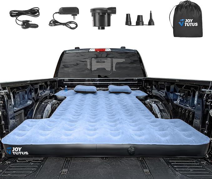 JOYTUTUS Truck Mattress for Camping,Air Bed with Inflatable Pillow for 6.4-6.7Ft,Full-Size Thicken Sleeping Pad with Cup Holder, Blow Up Bed for Car Truck Pickup F150, Grey Blue