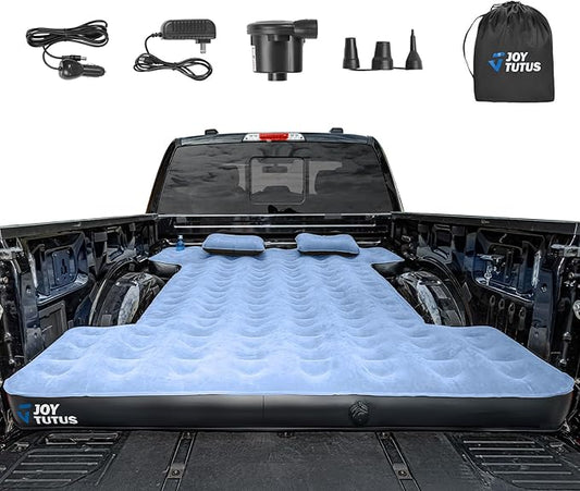 JOYTUTUS Truck Mattress for Camping,Air Bed with Inflatable Pillow for 6.4-6.7Ft,Full-Size Thicken Sleeping Pad with Cup Holder, Blow Up Bed for Car Truck Pickup F150, Grey Blue