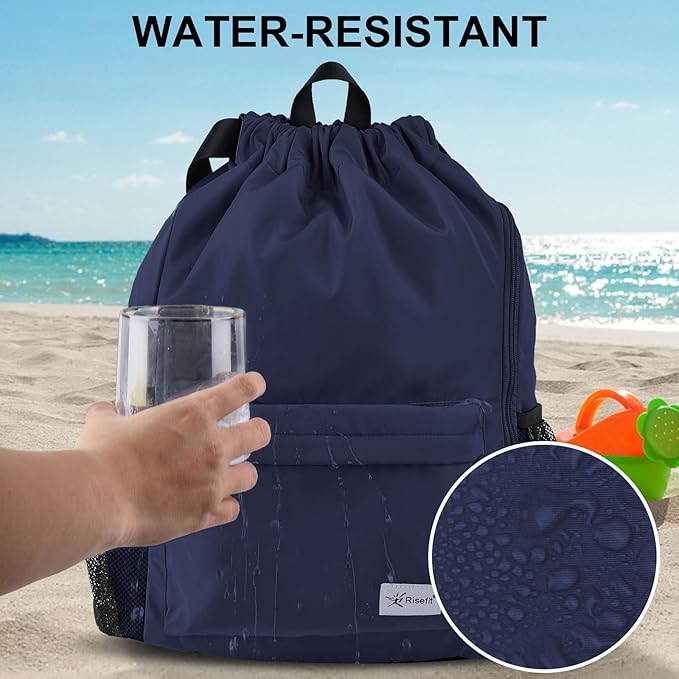 Drawstring Backpack with Mesh Pockets String Gym Bag Sackpack Sandproof Water Resistant Beach Backpack for Men Women