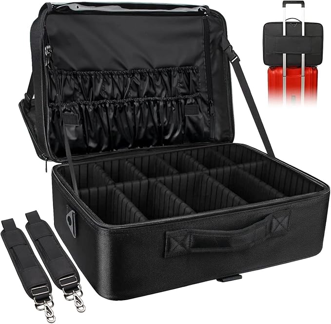 Relavel Large Makeup Organizer Profession Makeup Bag Extra Large Makeup Case with Adjustable Dividers, Adjustable Angle Fixed Belt and Shoulder Strap