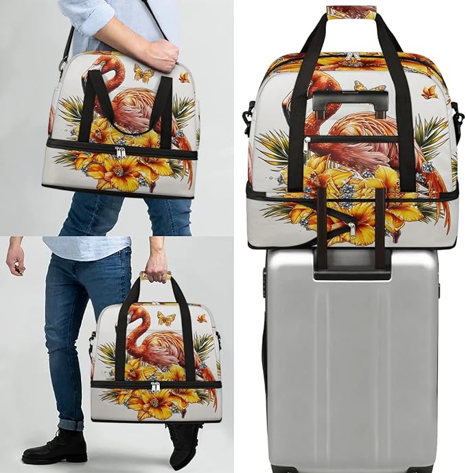 cfpolar Woman Travel Duffel Bag Vintage Flamingo Butterfly Foldable Tote Carry On Luggage Sports Gym Bag With Shoe Compartment Overnight Weekend Yoga Workout Bag Training Handbag